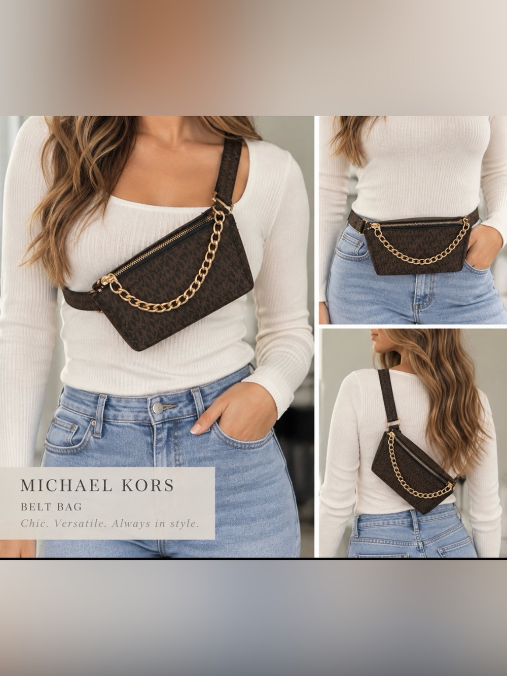 Michael Kors Brown Monogram Crossbody Belt Bag with Gold Chain